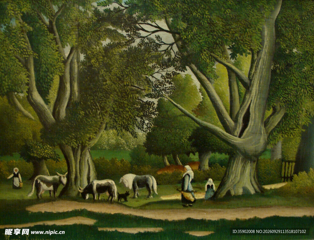 林间牧牛风景油画