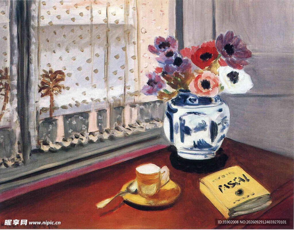 窗边静物花卉油画