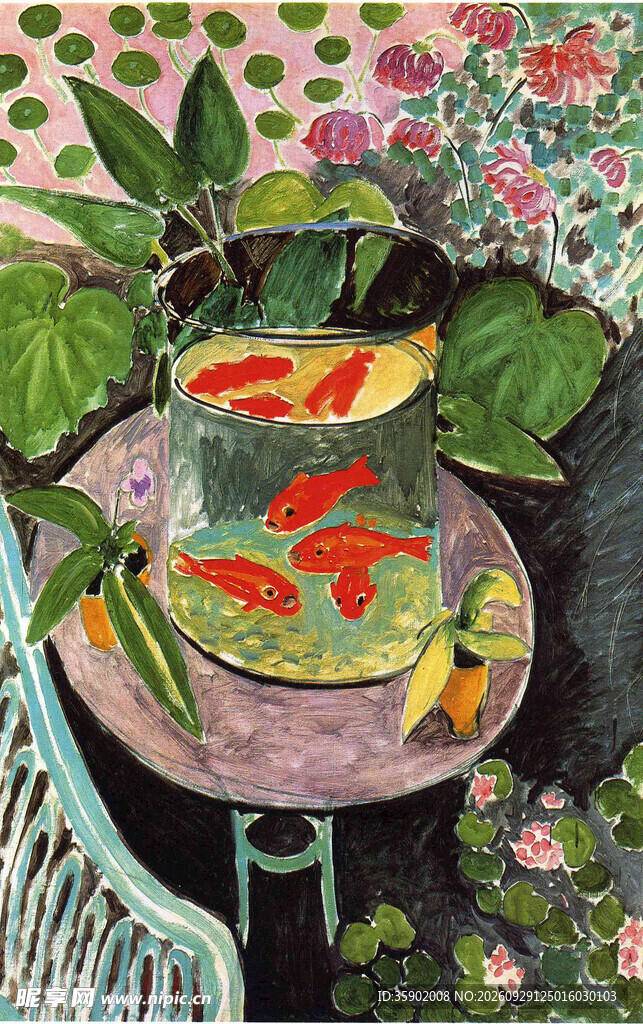 红金鱼静物油画