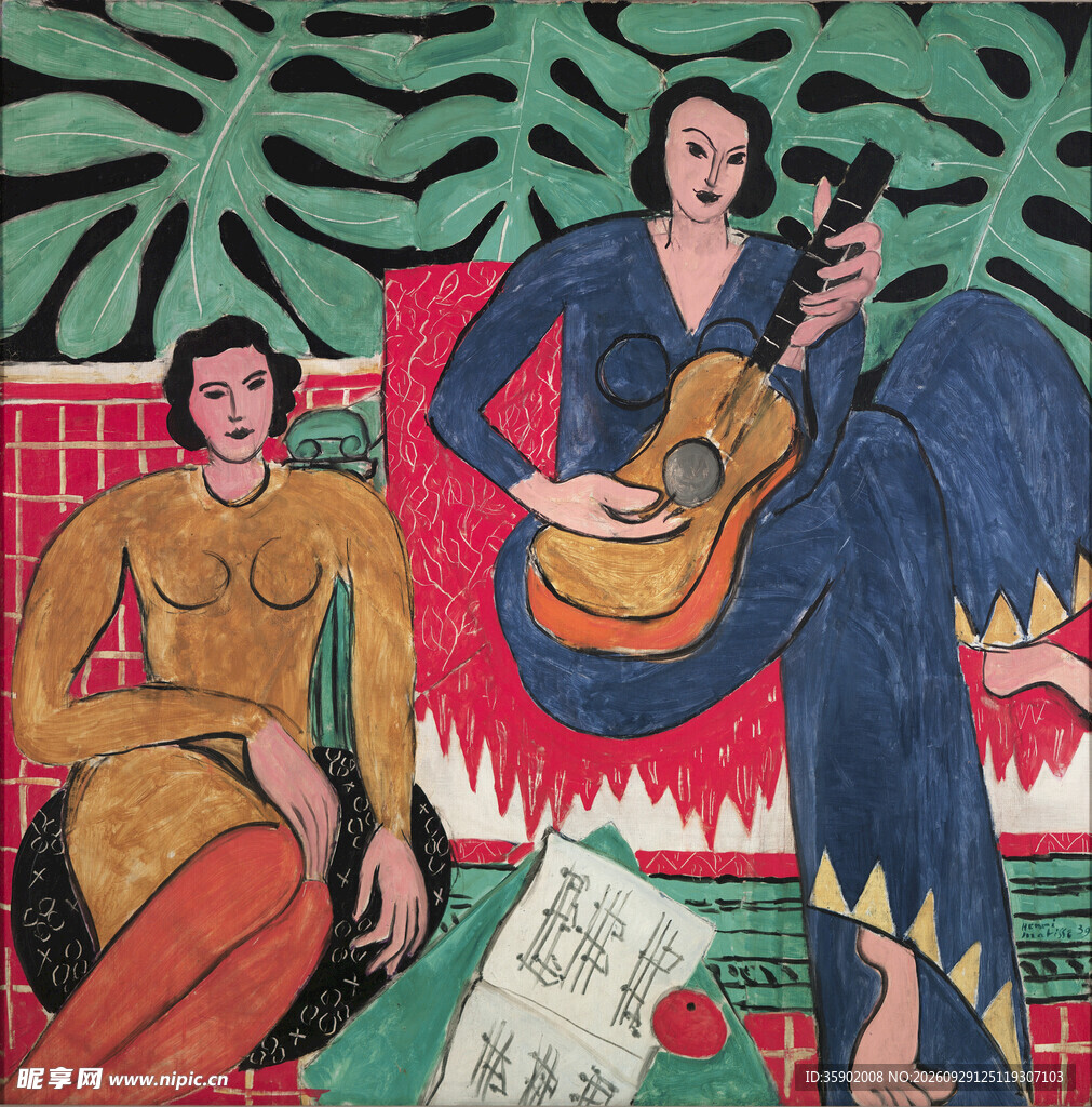 弹吉他的女子野兽派油画
