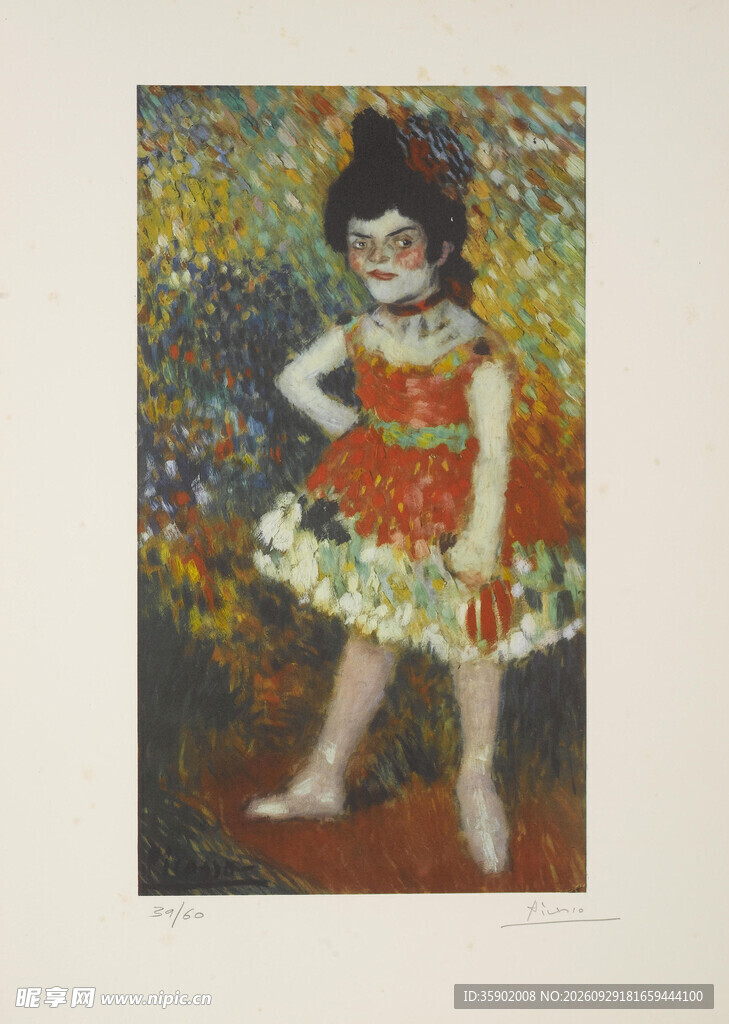 点彩风格红衣少女油画