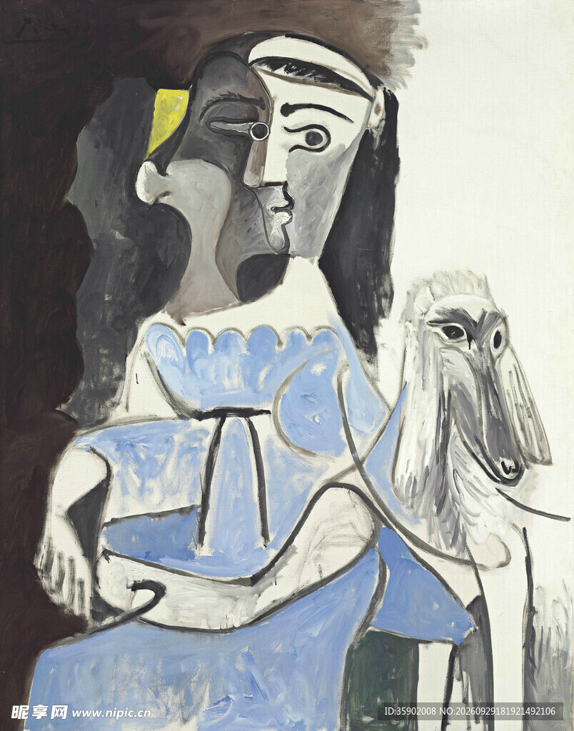 毕加索风格女子与犬画作