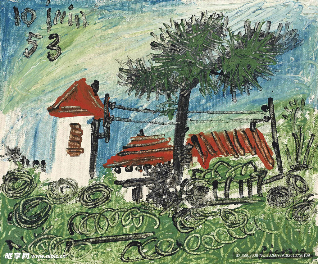 乡村红顶小屋风景油画