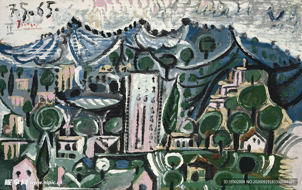 立体派山城风景油画