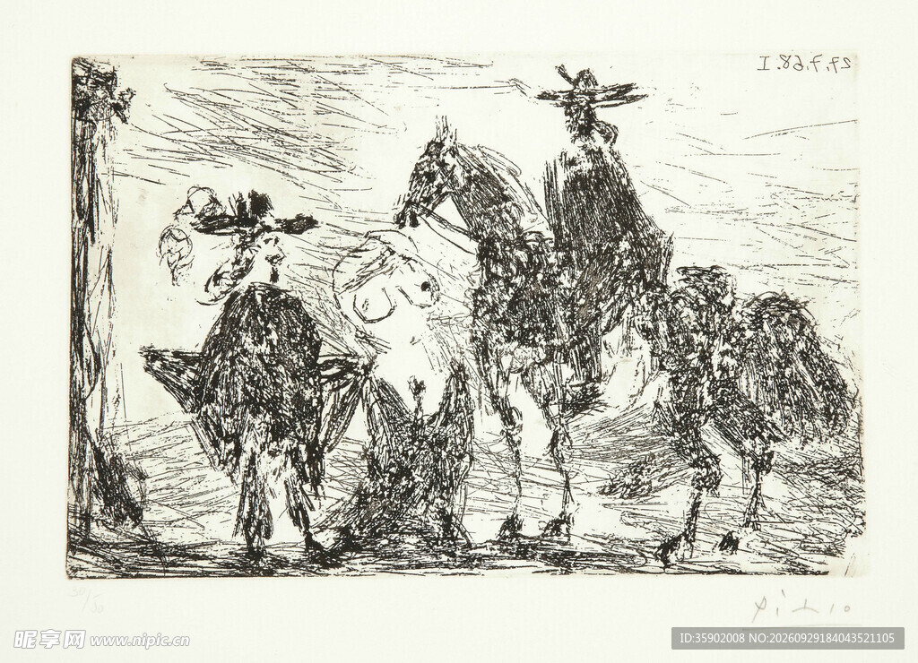 复古版画骑马出行图
