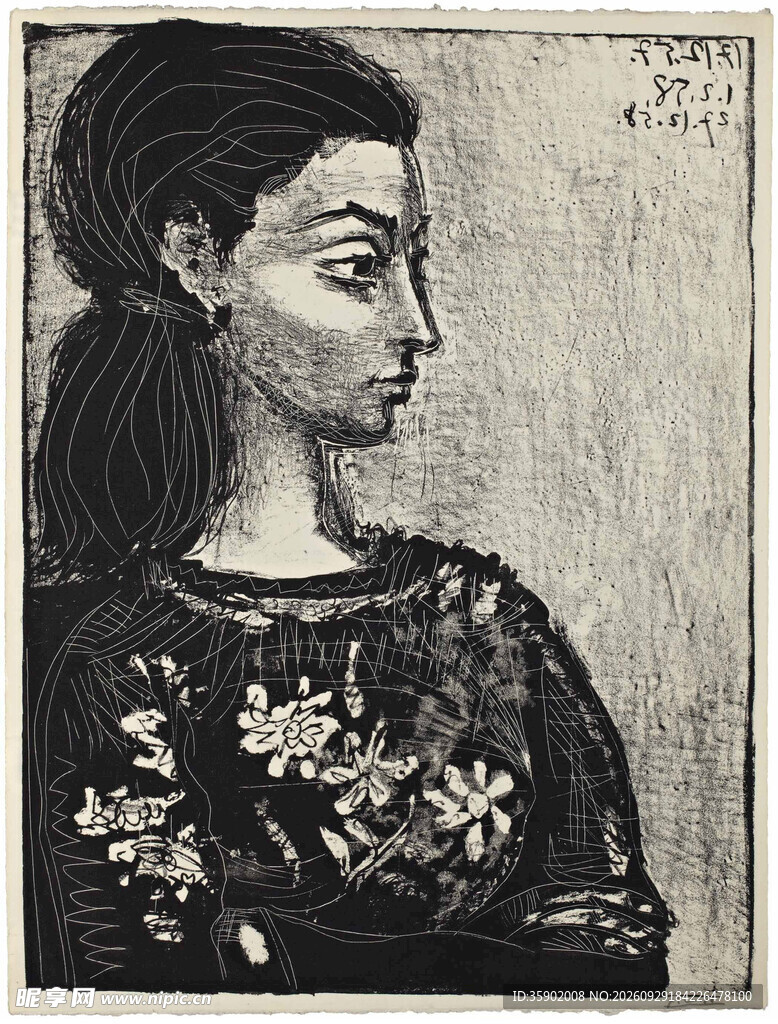 复古女性侧面肖像版画