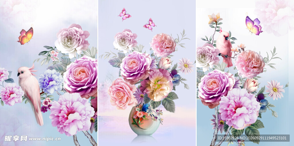 唯美花鸟花卉三联装饰画