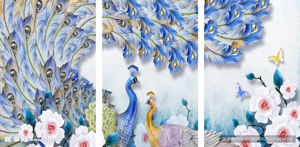 孔雀花卉三联装饰画