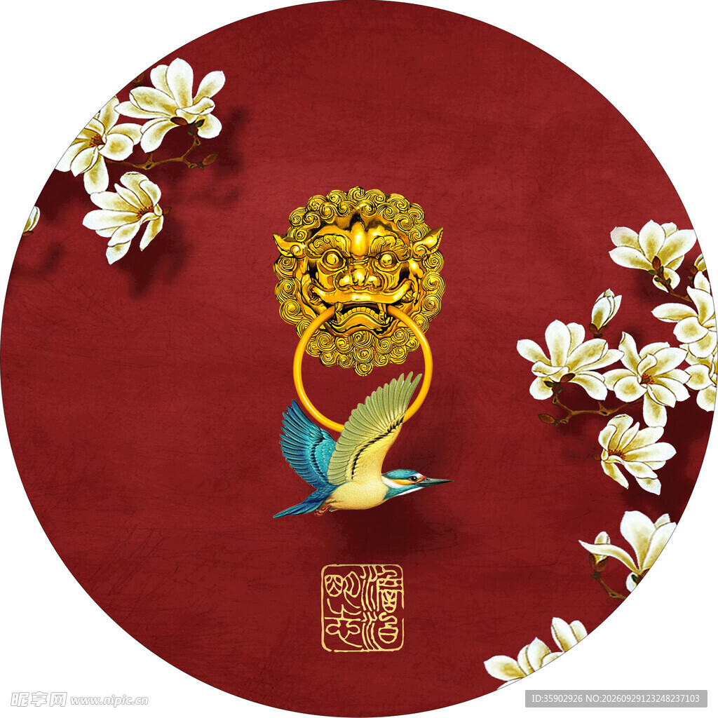 国潮红底传统花鸟门环图案