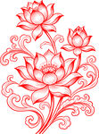 红色线描莲花传统纹样
