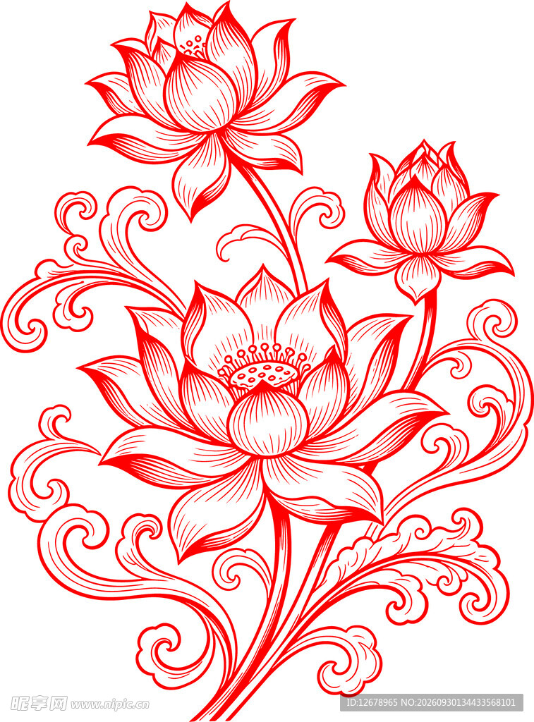 红色线描莲花传统纹样