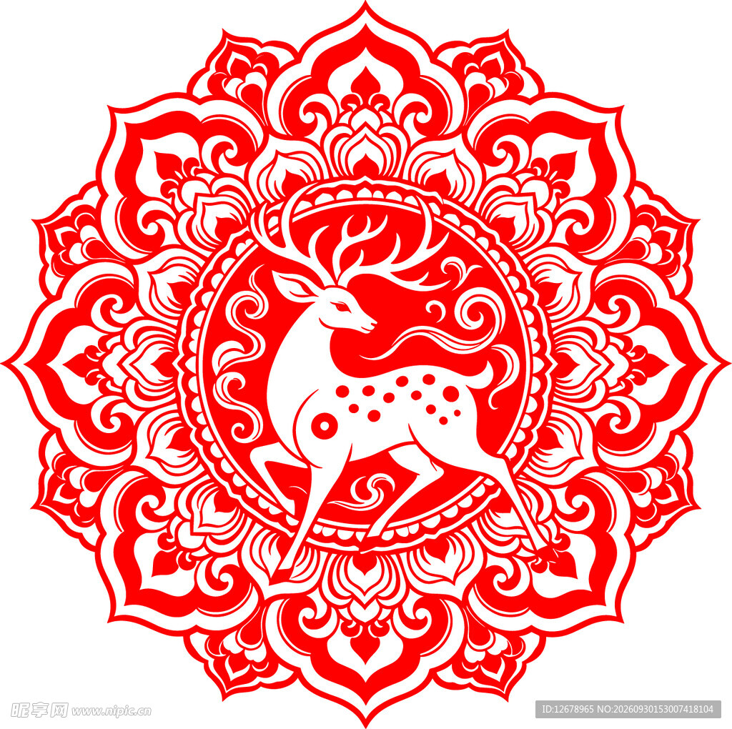 九色鹿传统团花剪纸