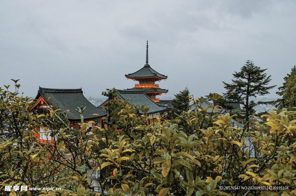 秋日日式古寺远景