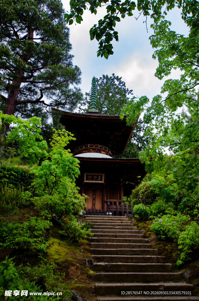 林间古寺石阶步道
