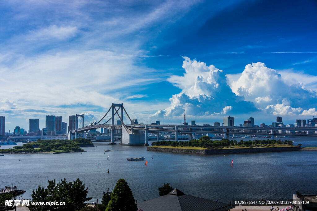 晴空河畔城市大桥风光