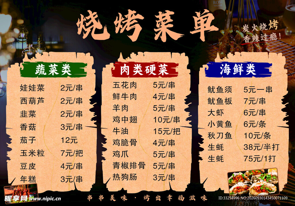 烧烤菜单价目表