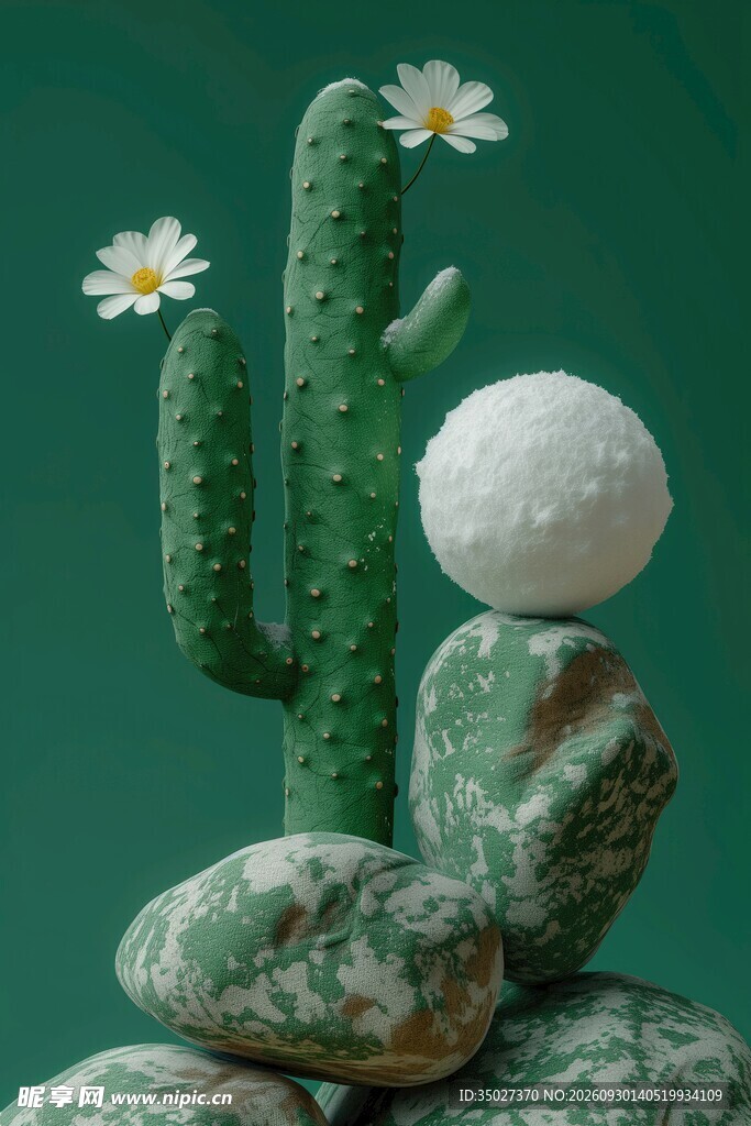 仙人掌花与禅意叠石