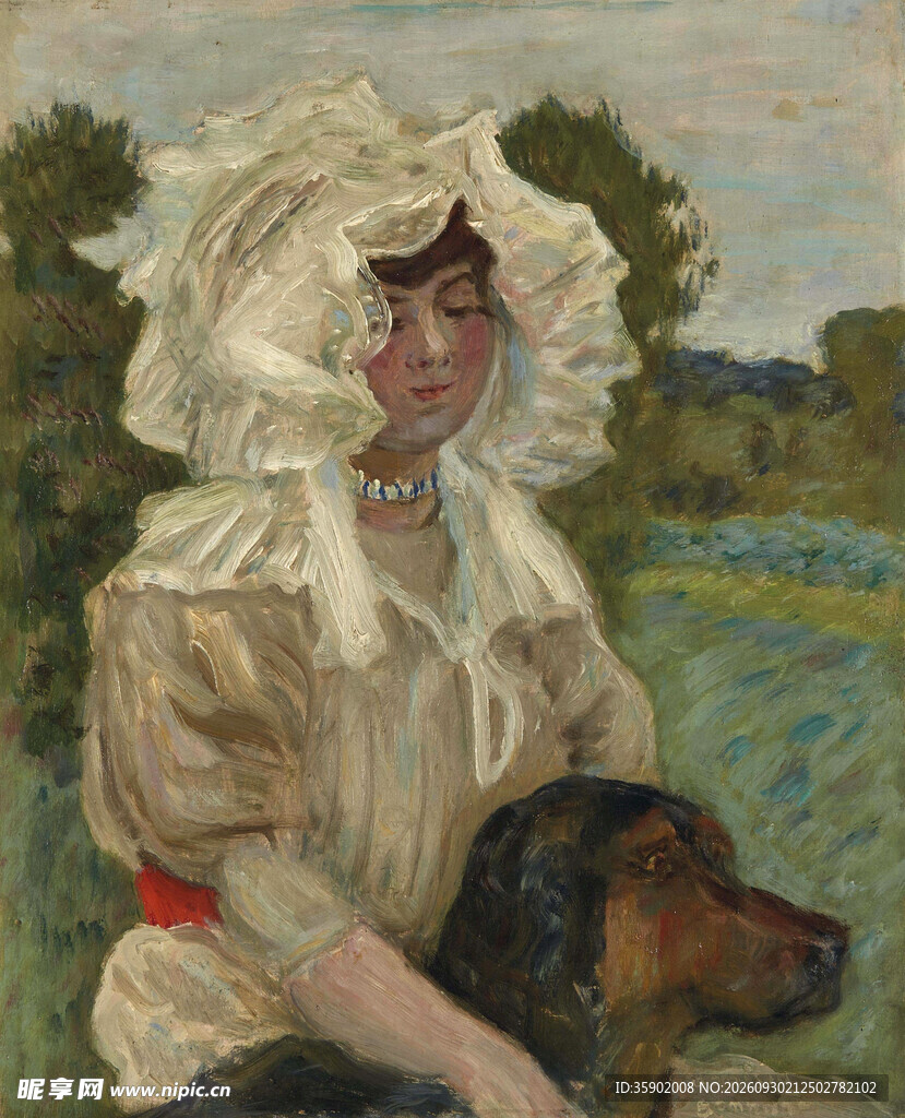 河畔女子与爱犬油画