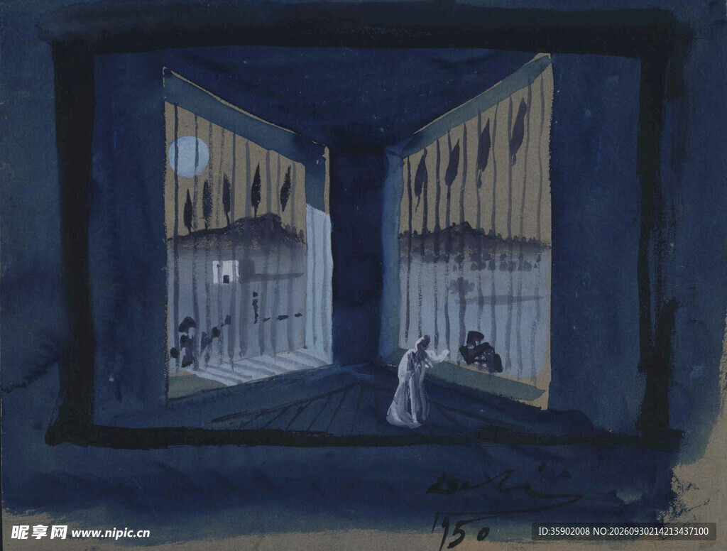 暗调窗边月夜插画