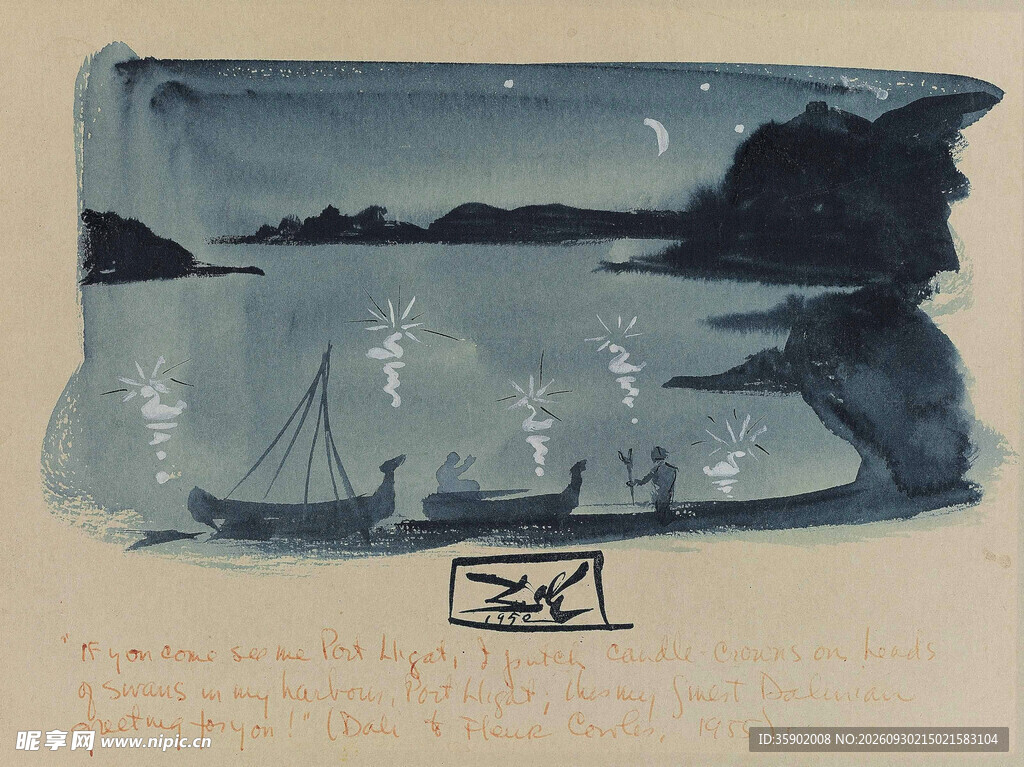 湖畔帆船风景版画