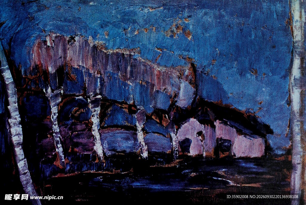 夜色乡村小屋油画