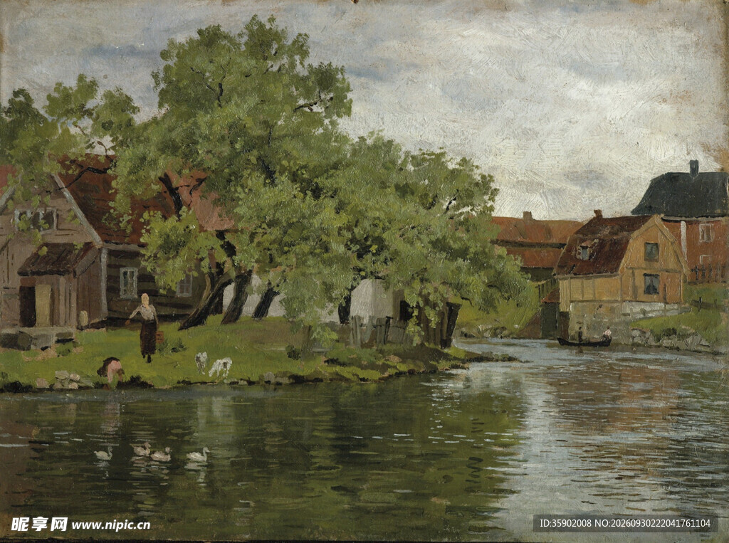 河畔乡村风景油画