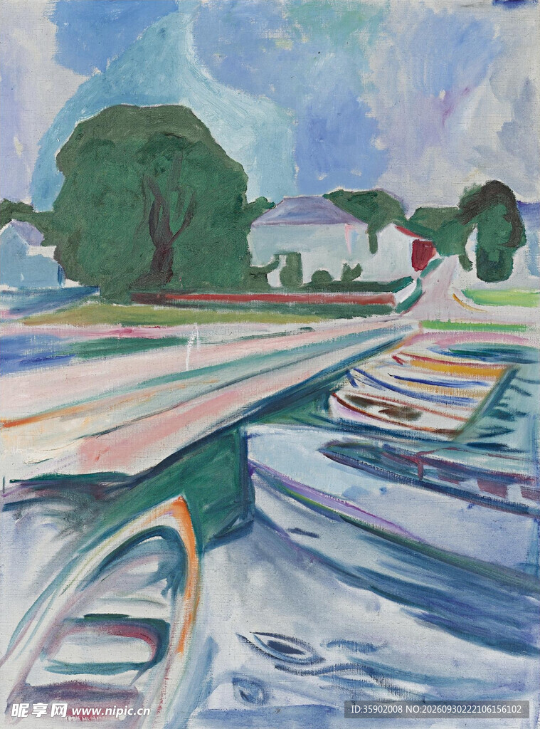 河畔泊船风景油画