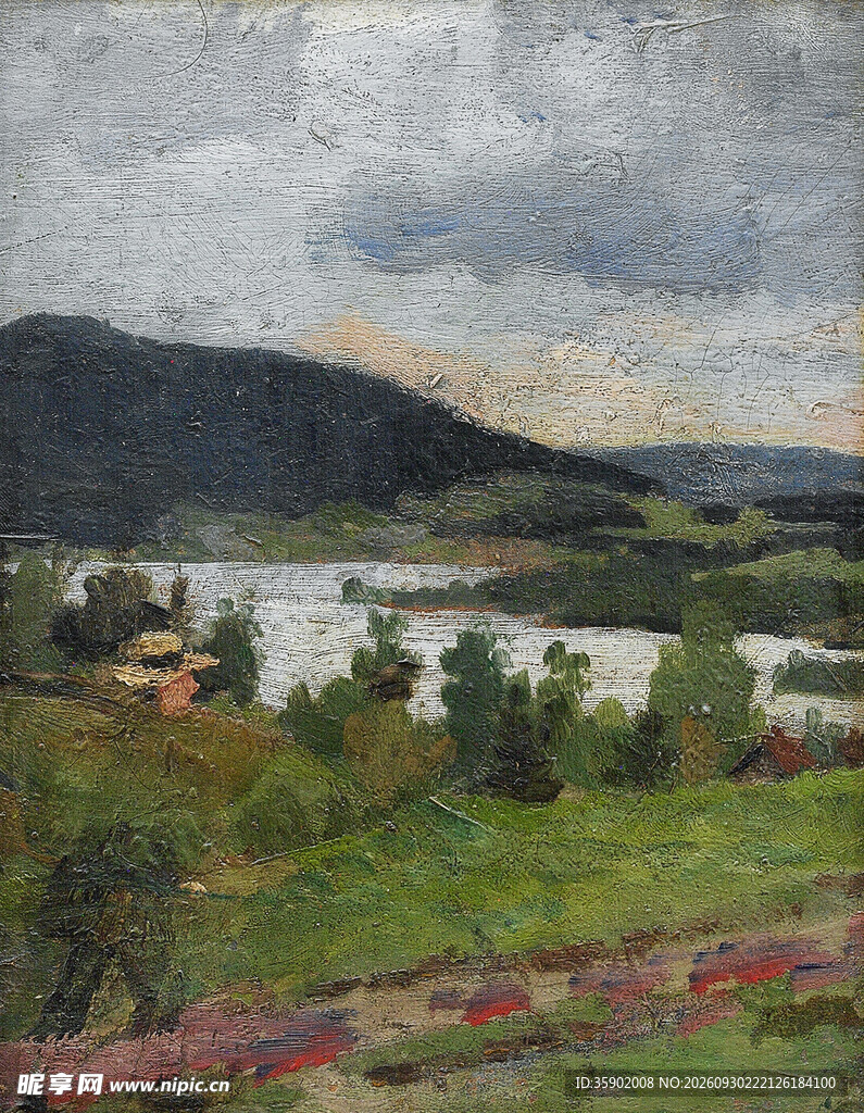 湖山郊野风景油画