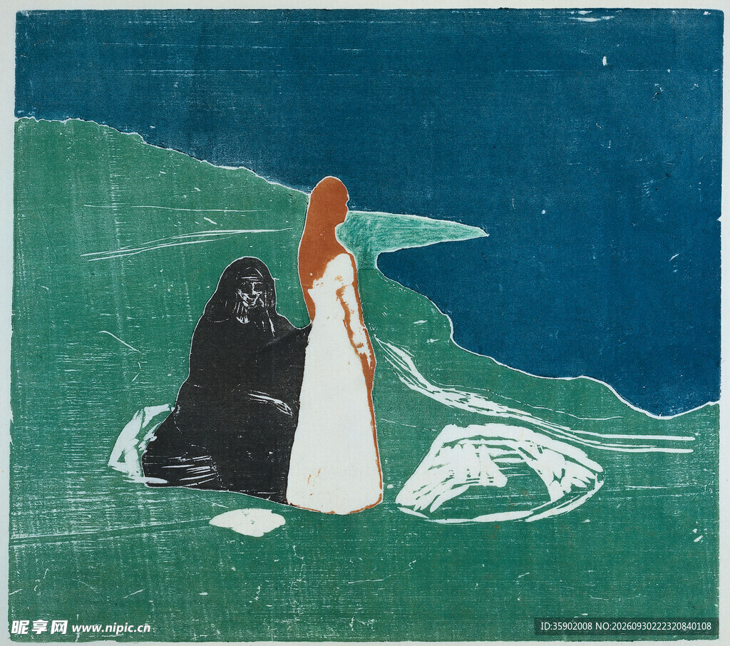 海岸边白衣女子版画