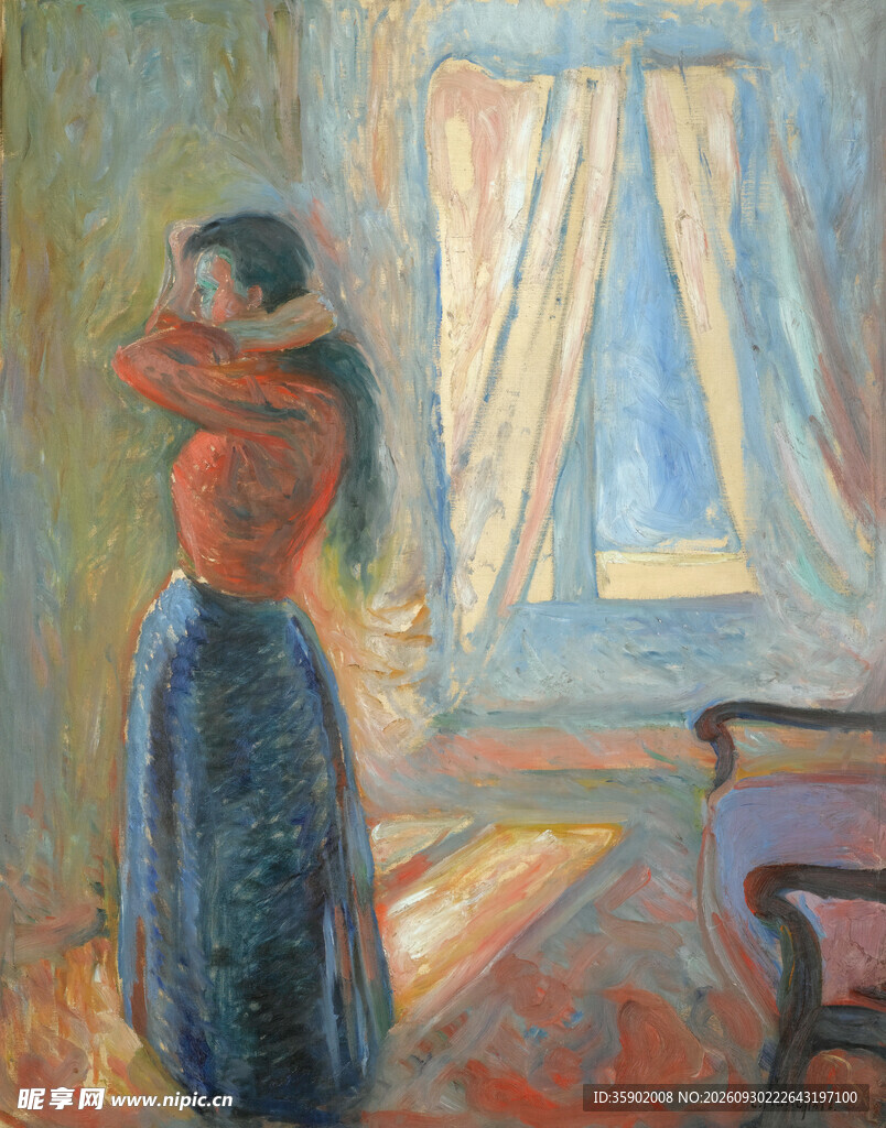 窗边女子梳妆油画