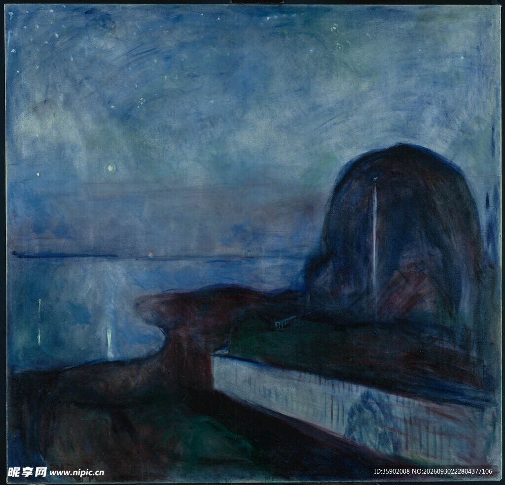 湖畔夜色风景油画