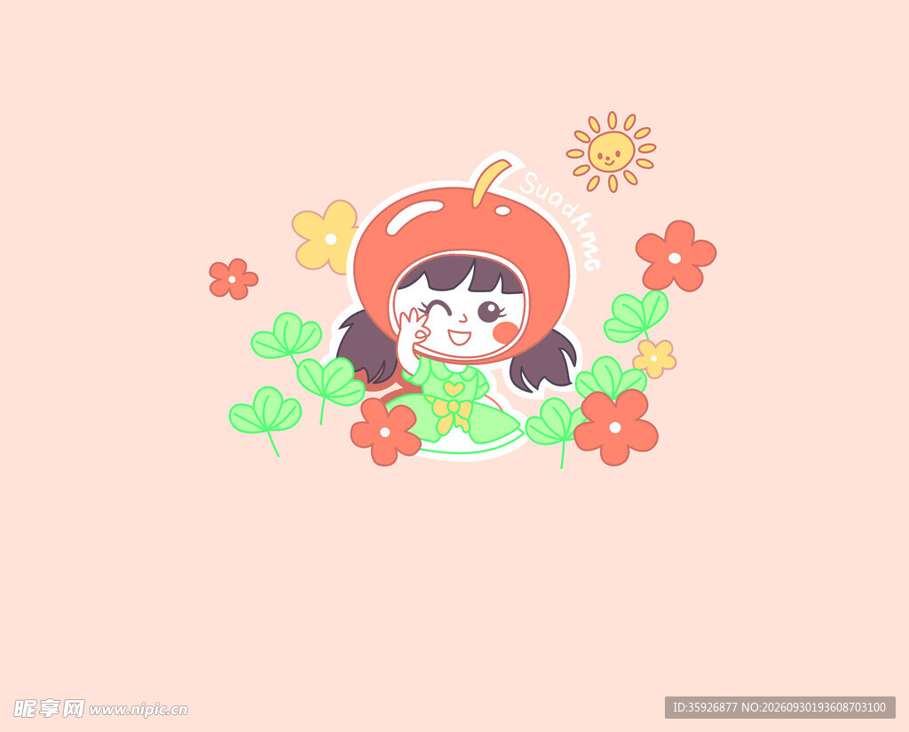 可爱苹果头女孩插画