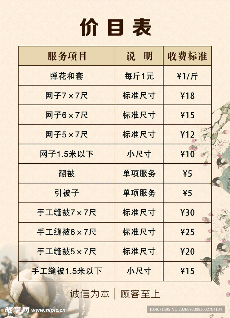 价目表