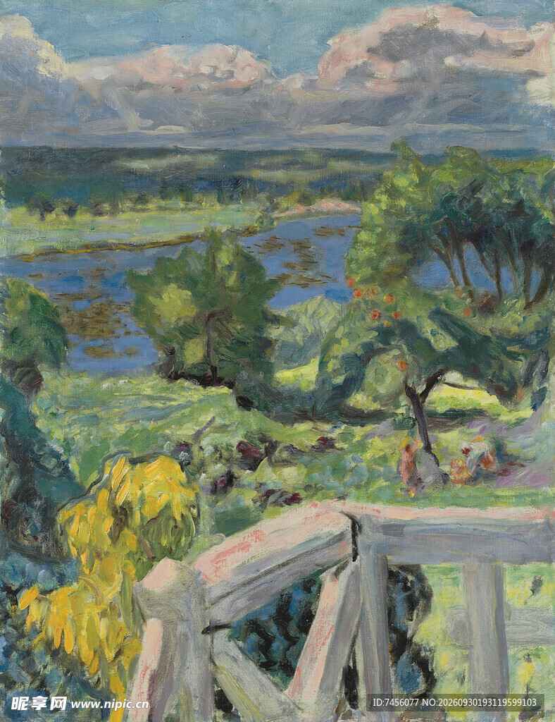 郊野河畔风景油画