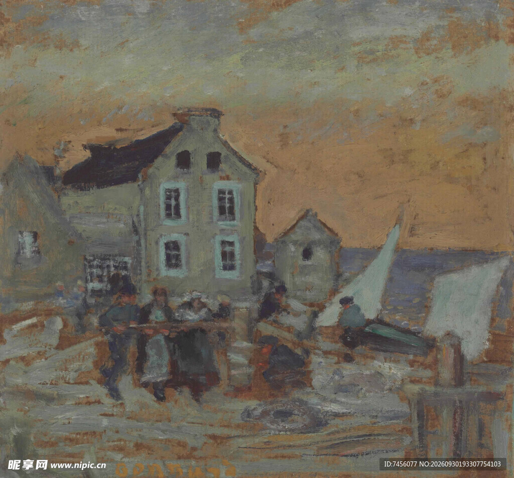 滨海小镇风景油画