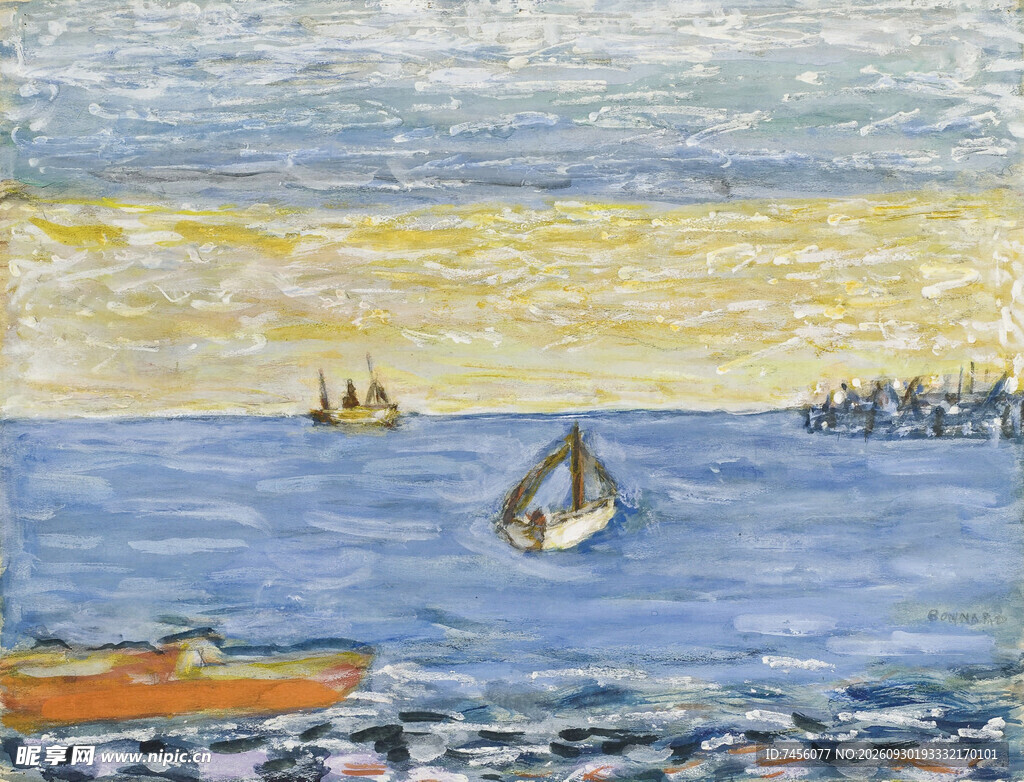 黄昏海面帆船油画