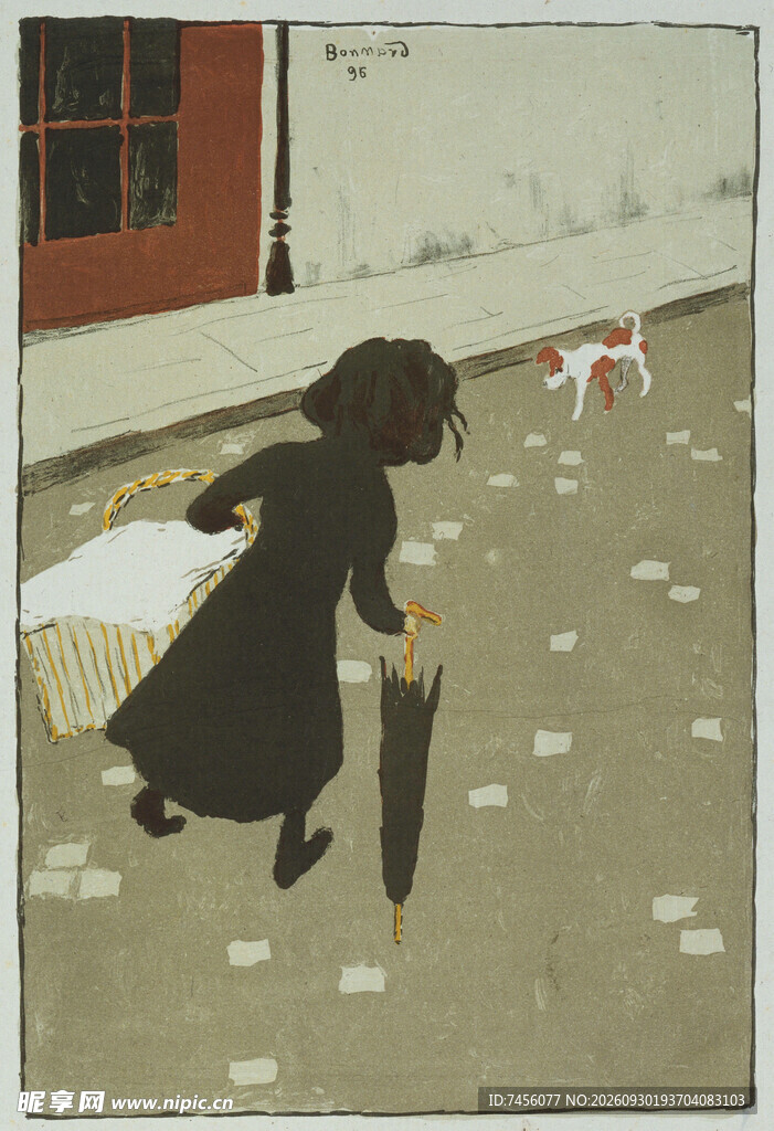 持伞女子与小猫街景插画