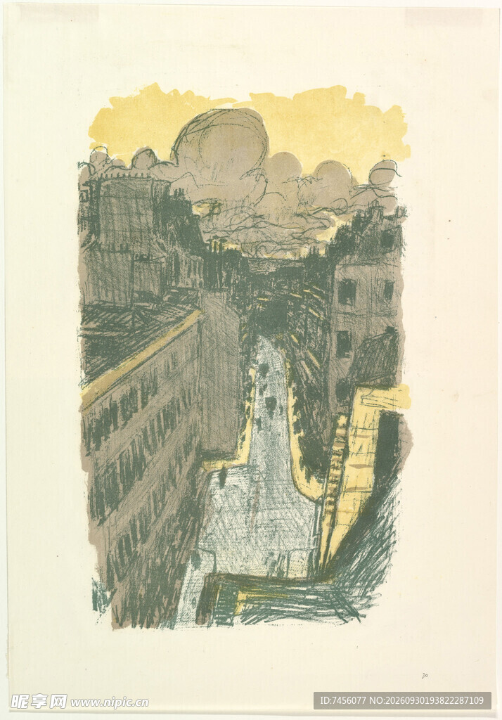 复古版画黄昏街景