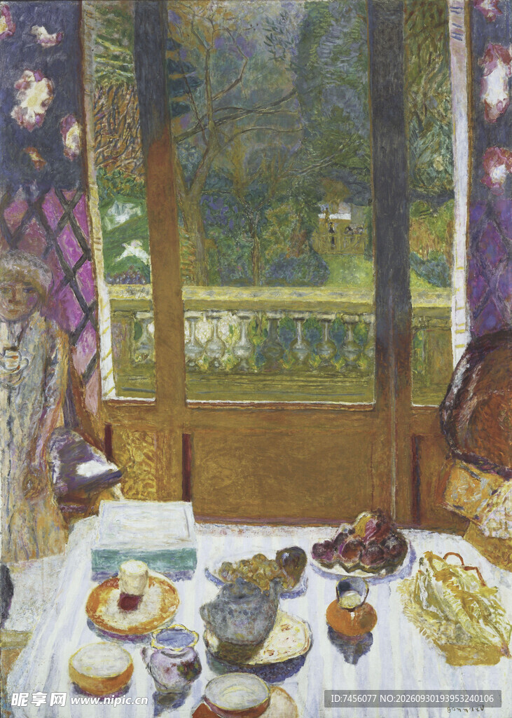窗边餐点静物油画