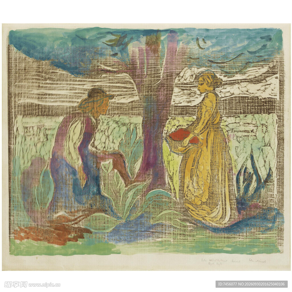 树下劳作女子版画