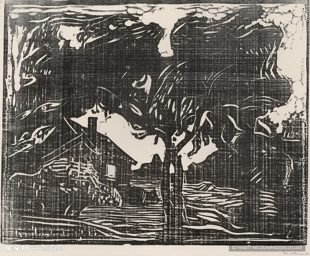 黑白林间风景木刻版画