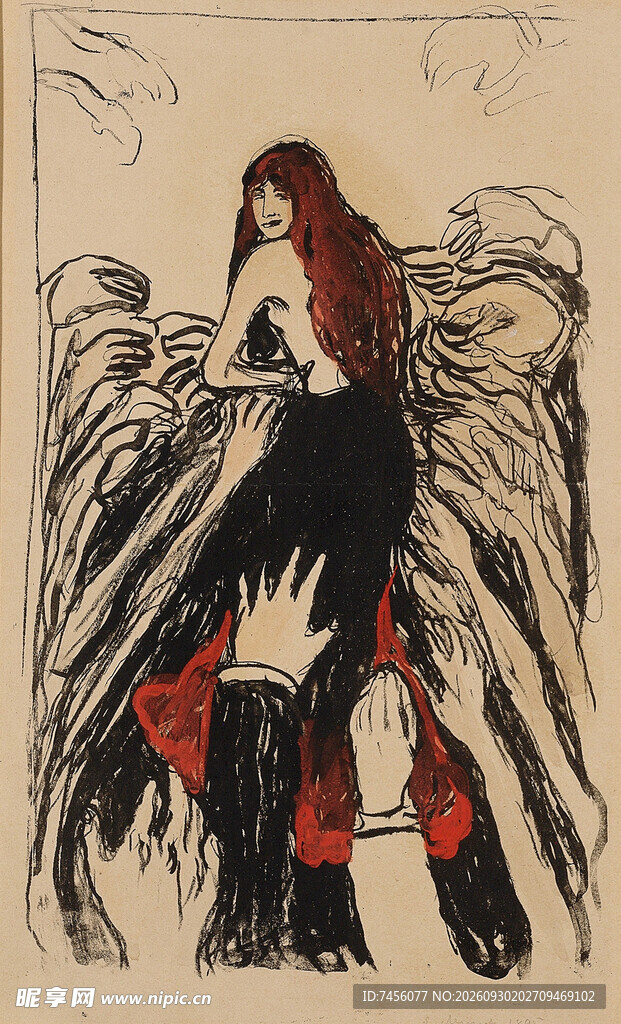 复古版画红发女子艺术画