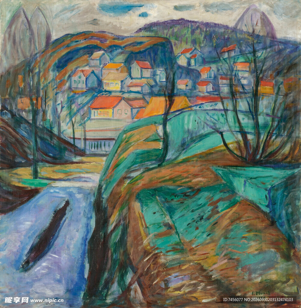 抽象河畔乡村风景油画