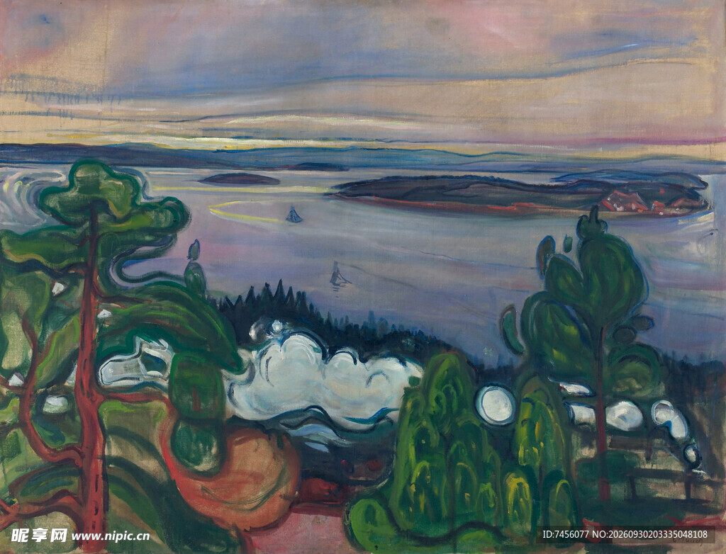湖畔松林风景油画