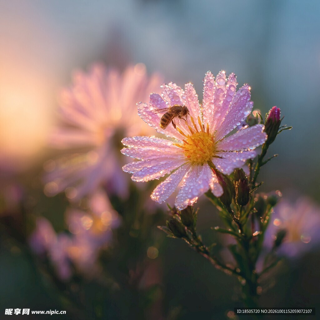 逆光紫花上的小蜜蜂