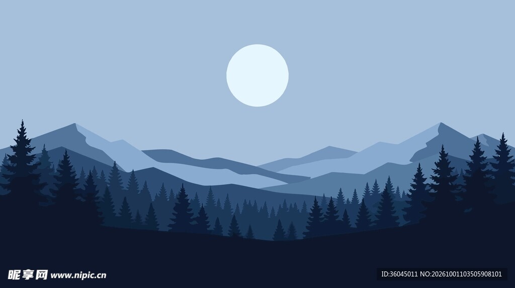 月夜山林插画