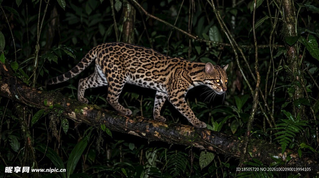 夜间丛林野生豹猫