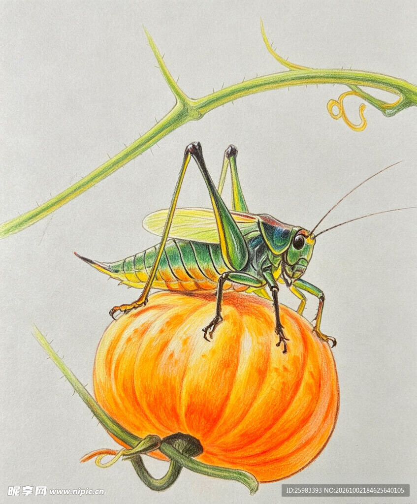 南瓜上的蝈蝈插画