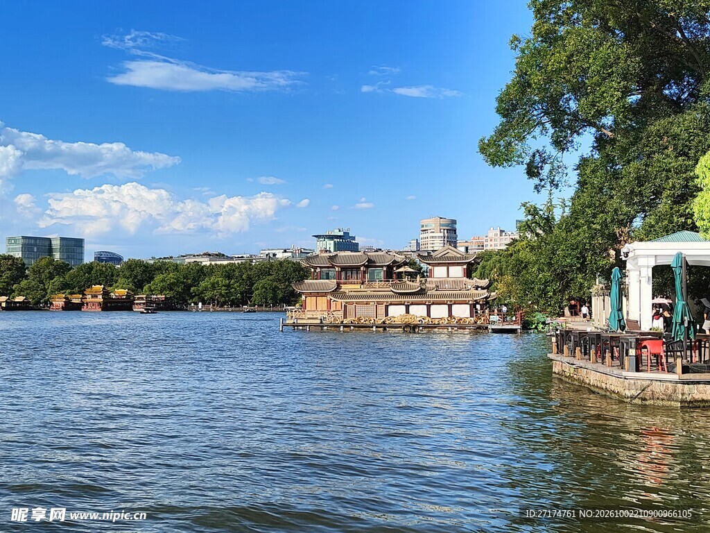 城市湖畔晴日美景