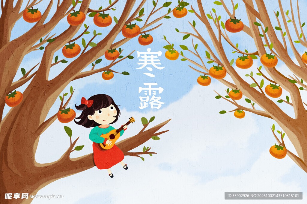 寒露柿子树童趣插画